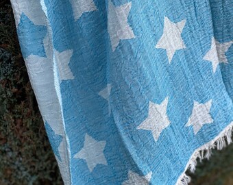 Türkis blaues türkisches Handtuch, Sterne gemustertes Handtuch, Badetuch, Camping, Reisen, Jacquard Baumwolltuch, Sommer Motiv, weiches Strandtuch