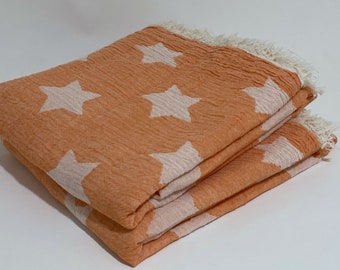 Türkisches Handtuch, orange Sterne gemustertes Handtuch, Doppelseitiges Badetuch, Camping, Reisen, Jacquard Baumwolltuch, Sommer Motiv, weiches Strandtuch
