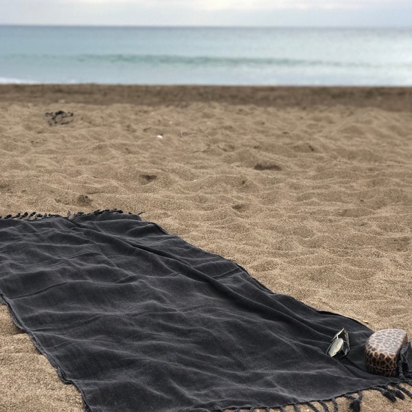 Stonewashed towel, turkish towel, bath towel, spa surf- pool- swim towel, black waffle towel, Turkish peshtemal, fouta, hammam towel, gym