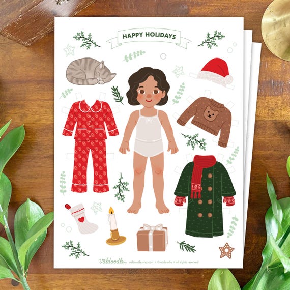 Christmas Paper Doll Printable – Holiday Cut-Out Craft for Kids – Winter Activity Kit – Instant Download PDF