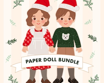 Afdrukbare kerst Paper Dolls-bundel | Vakantiepoppen voor meisjes en jongens | Mix en match outfits | Knutselactiviteit voor kinderen | Direct downloaden
