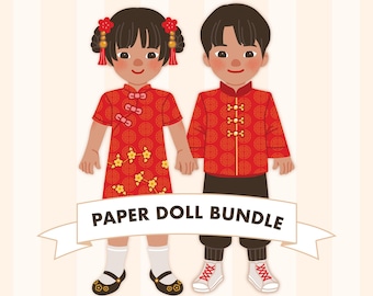 Paper Doll-bundel voor nieuwjaar | Meisje en jongen | Afdrukbare knutselactiviteit voor kinderen | Chinees leren 新年快乐 | Direct downloaden