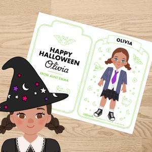 Boneca de papel personalizada para Halloween - Fantasias de bruxa zumbi e vampiro - Atividade fofa de outono para crianças - Presente com nome personalizado