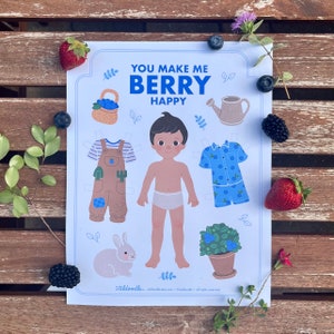 Papierpuppe Druck & Farbe - Blaubeer Beere Häschen Montessori Gärtner Junge mit Malseite für Kinder - Frühling Natur Outdoor Aktivitäten
