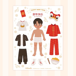 May include: A paper doll with various outfits and accessories, including a red envelope, a lion head, and a bowl of noodles. The outfits include a white t-shirt, a brown jacket, red traditional Chinese clothing, and sneakers. The text "Happy New Year" is at the top.