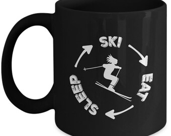 Skiing Mug, Eat Sleep Ski Mug is a Great Skiing Gift For Skier! Get Black Ceramic Mug & Deliver Perfect Ski Gift Coffee Mug As Gift For Her!