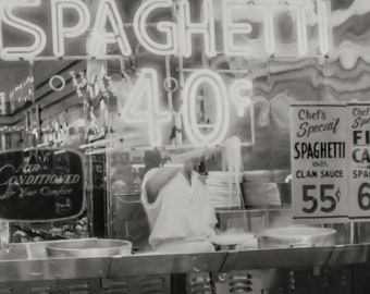 New York City, Italian Restaurant, NYC, Spaghetti, Little Italy, Kitchen Wall Decor, Home Decor, Art Print, Black White Print, 1957