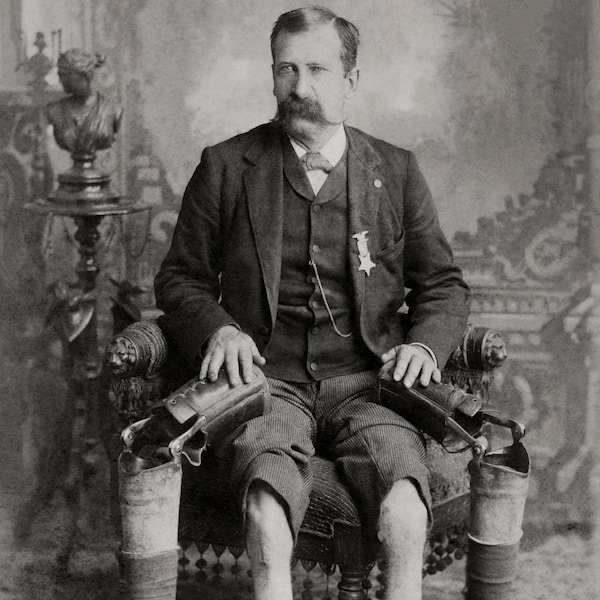 Civil War Hero, John W. January, Illinois Cavalry Regiment, with prosthetic legs, Cold Harbor, VA headquarters, Black & White Photo