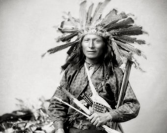 Old Native Americana Photo, American Indian Wearing Headdress, Oglala Warrior, South Dakota, Indian Revolt, Black White Photography