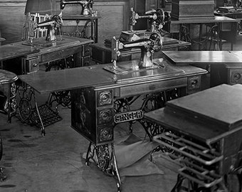 Old Singer Sewing Machines Photograph, Black White Photo of Sewing Room, Early 1900s, Wall Art, Washington, D.C, Craft Room Decor