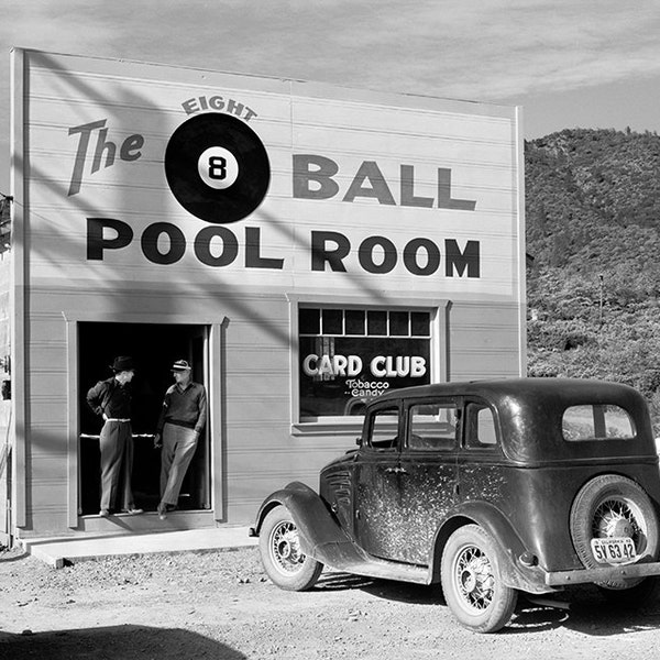 Pool Room Photograph, Eight Ball Pool Room, Old Black White Photography, California, Home Decor, Photo Print, Wall Art, Pool Hall, Billiards