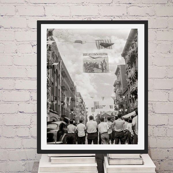 Old New York City photo, Mott Bleeker Street Little Italy Parade Honoring Neighborhood Army Boys, NYC, Wall Decor, black white print