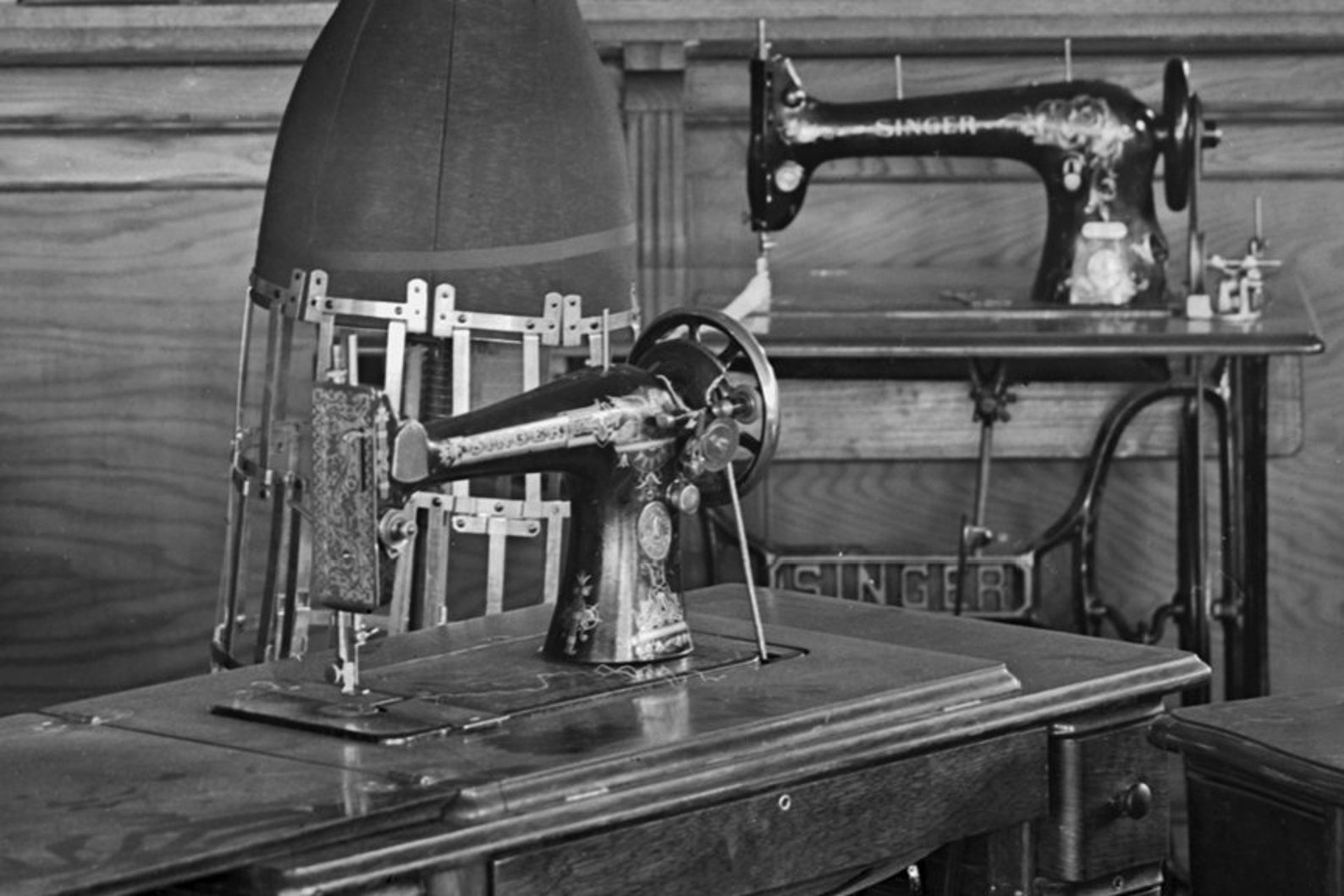 Old Singer Sewing Machines Photograph, Black White Photo of Sewing Room