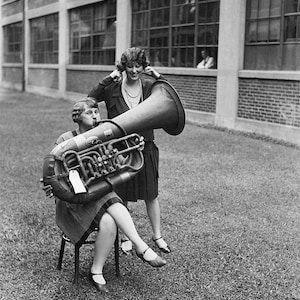 Tuba Players Photo, Tuba playing Woman Photograph, 1928,  Black White Photography, Wall Art, For Her, Orchestra Music, Music Student Gift
