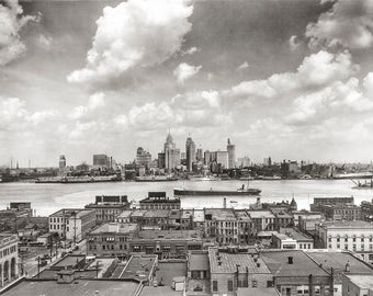 Old Detroit Skyline Photo, Detroit Michigan and Detroit River, 1929, Black and White Photography, Photography, Poster