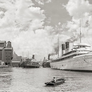 Old Historic Buffalo NY Photo, Steamships on Buffalo River, New York State, Black White Photography, Wall Art, Poster Art, 1905