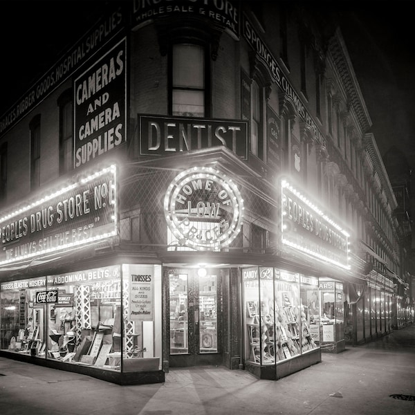 Washington DC, Neon Lights, People's Drug Store Night Photo, Black White, Photography, Poster, Print, 1920s