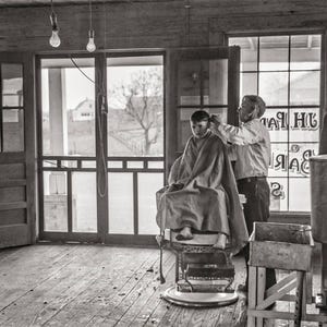 Hair Stylist Photo, Barber Shop Decor, Boy&#39;s Haircut, 1941, Black and White Print, Heard County Georgia