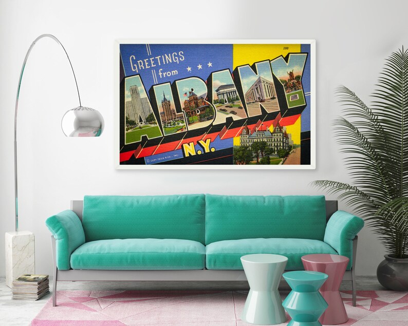 Albany Art Large Post Card Big Letter Print Vintage Albany Travel Poster Albany New York Wall Art Retro Illustrated Albany New York