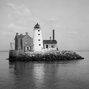 Black and White Lighthouse Photo: Seaside Cottage Wall Art image 1