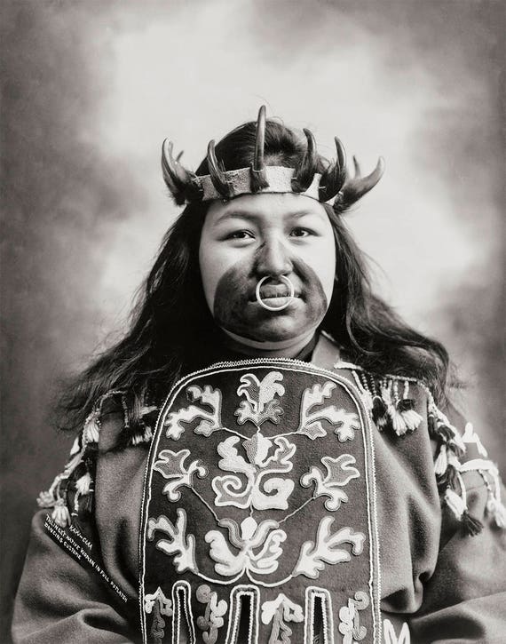 Tribal Portrait Native American Indian Photograph Indigenous Alaskan Thlinget wearing Potlatch dancing costume Kaw-Claa