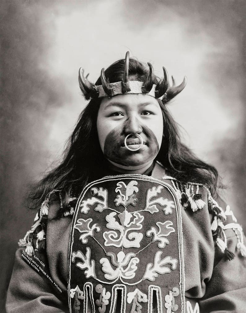 Tribal Portrait Native American Indian Photograph Indigenous Alaskan Thlinget wearing Potlatch dancing costume Kaw-Claa