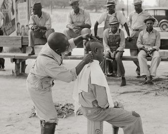 African American men getting haircut, Natchez Mississippi, 1940, Black Art Photography, Photo Prints, Marion Post Wolcott Photographer