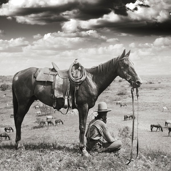 Texas Cowboy Photo, Horse Wrangler, Farmhouse Modern Wall Art, Black and White Photography, Country Cabin, Southwest, 1910