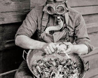 Vintage 1917 Photo Print: Soldier Peeling Onions with Gas Mask