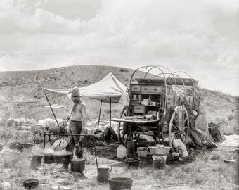 Cowboy Photo, American West, with Chuck Wagon and Sleeping Friend, Southwest, Black and White, Gift For Him, 1908