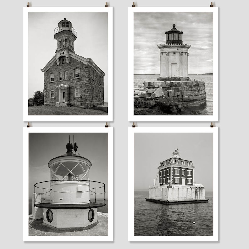 New England Lighthouse Photo Collection, 4 Prints, Cottage Wall Art, Coastal Decor, Nautical Theme, Beach House, Black & White, Photo Set image 1