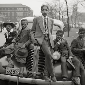 African American Photo, Five Boys on Car, Easter Morning, South Side Chicago, 1941, Black Art, Russell Lee Photographer