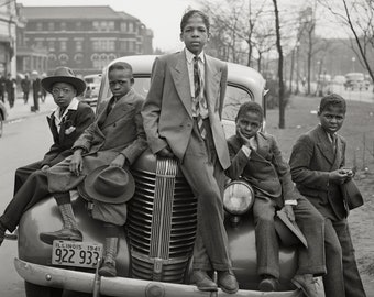 African American Photo, Five Boys on Car, Easter Morning, South Side Chicago, 1941, Black Art, Russell Lee Photographer