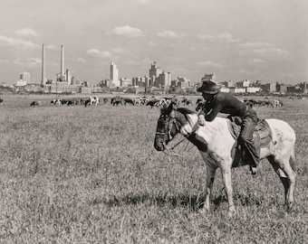 1945 Dallas Skyline Art Print: Cowboy on Horseback, Vintage Texas Photo