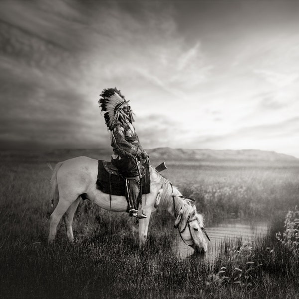 Old Native American Photo, American Indian, Indigenous American Oglala Warrior, Wearing Headdress, Black White Photography, Sepia Photos