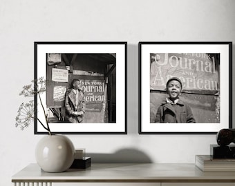 May include: Two black and white framed photographs of a young boy standing in front of a brick wall with the text "New York Journal American" on it.