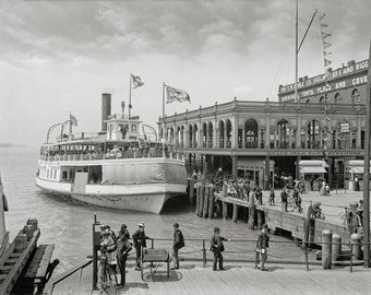 Old Detroit Photo, Ferry to Belle Isle Park, Detroit River, Steamer Garland, Black White Photography, Wall Art, Detroit Michigan