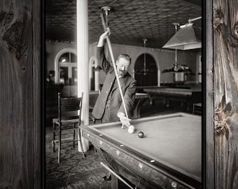 Old Billiard Photo, Playing Pool in Pool Room, Billiard Player Photography, Pool Room Decor, Game Room Decor Wall Art, Eight Ball Photo