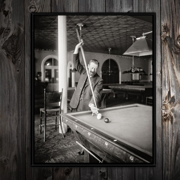 Old Billiard Photo, Playing Pool in Pool Room, Billiard Player Photography, Pool Room Decor, Game Room Decor Wall Art, Eight Ball Photo