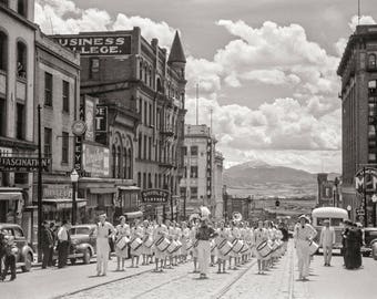 Butte Montana Photo, Black and White Vintage Photography, High School Marching Band Parade, Montana Street, Butte, 1939