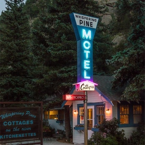 Old Motel Photo, Whispering Pines Motel, Mid-Century Mountain Cabins, Estes Park, Colorado, Neon Signs, Motel Neon, Wall Art