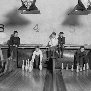 1909 Bowling Alley Photo: Boys Setting Pins, Lewis Hines Print