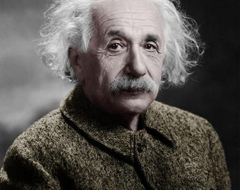 May include: A black and white portrait of Albert Einstein with white hair and a mustache. He is wearing a brown tweed jacket.