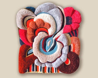 Hand-Tufted Wool Wall Hanging, Abstract Floral Fiber Art