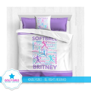 Personalized Softball Comforter Set Custom Softball Bedding Softball Room Decor Monogrammed Softball Gift Purple Typography image 1