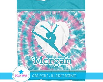 Personalized Gymnastics Blanket | Monogrammed Gymnastics Bedding | Custom Gymnastics Fleece Blanket | Gymnastics Gift | Teal Pink Tie Dye