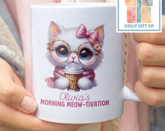 Personalized Cat Mug with Name, Custom Coffee Lover Gift, Cute Kitten Morning Meow-tivation Mug, Funny Cat Lady Gift for Her