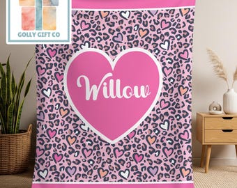 Personalized Leopard Heart Name Blanket - Custom Pink Animal Print Throw