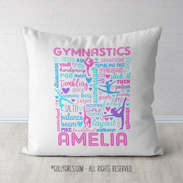 Personalized Gymnastics Throw Pillow or COVER-Decorative Girl's Room Decor-Monogrammed Name-Custom Girl Pink Typography Gymnast Team Gifts