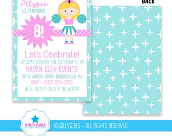 Personalisierte 5x7 Cheer Birthday Party Einladung - süße blonde Cheerleader Illustration Custom Cheerleading Einladungskarte - Digital